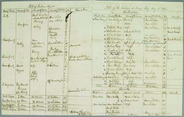1841 handwritten register listing Seminole people and families held at Tampa Bay, Florida.