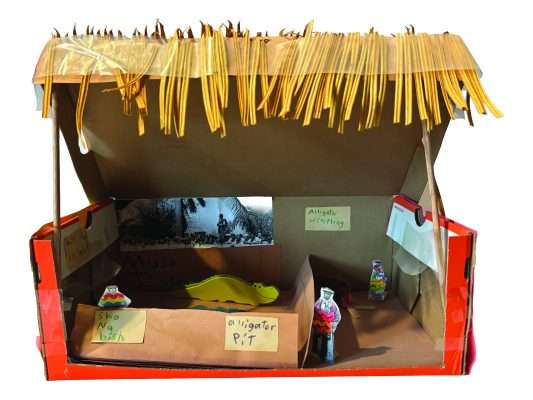 Student-made Seminole diorama depicting a chickee, alligator wrestling and traditional clothing.