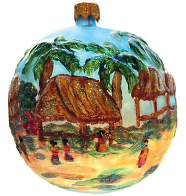 Hand-painted ornament depicting a Seminole village with chickees, palm trees and figures.